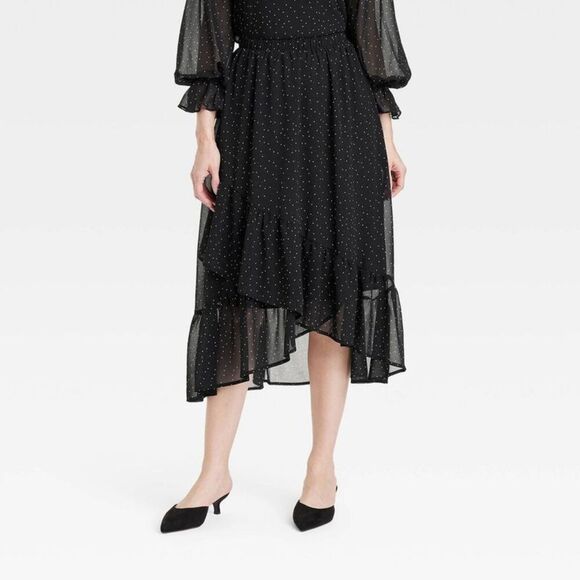 Open Box - A New Day - Women's Ruffle Midi Skirt - A New Day Black Polka  Black - Picture 1 of 3